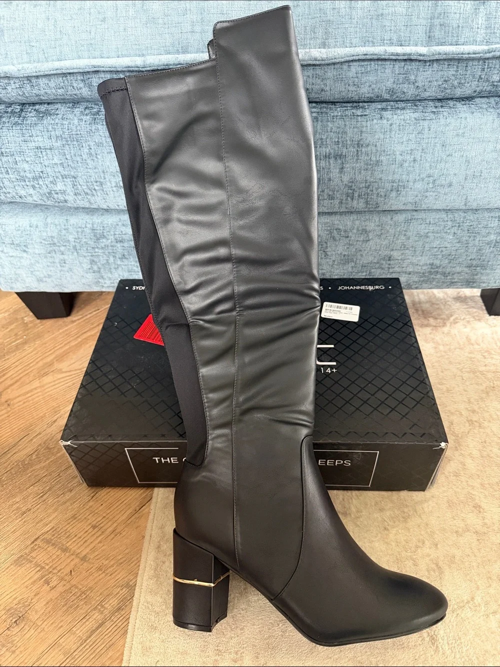 City Chic Priscilla Black Over-The-Knee Block Heel Boots with Gold Accent